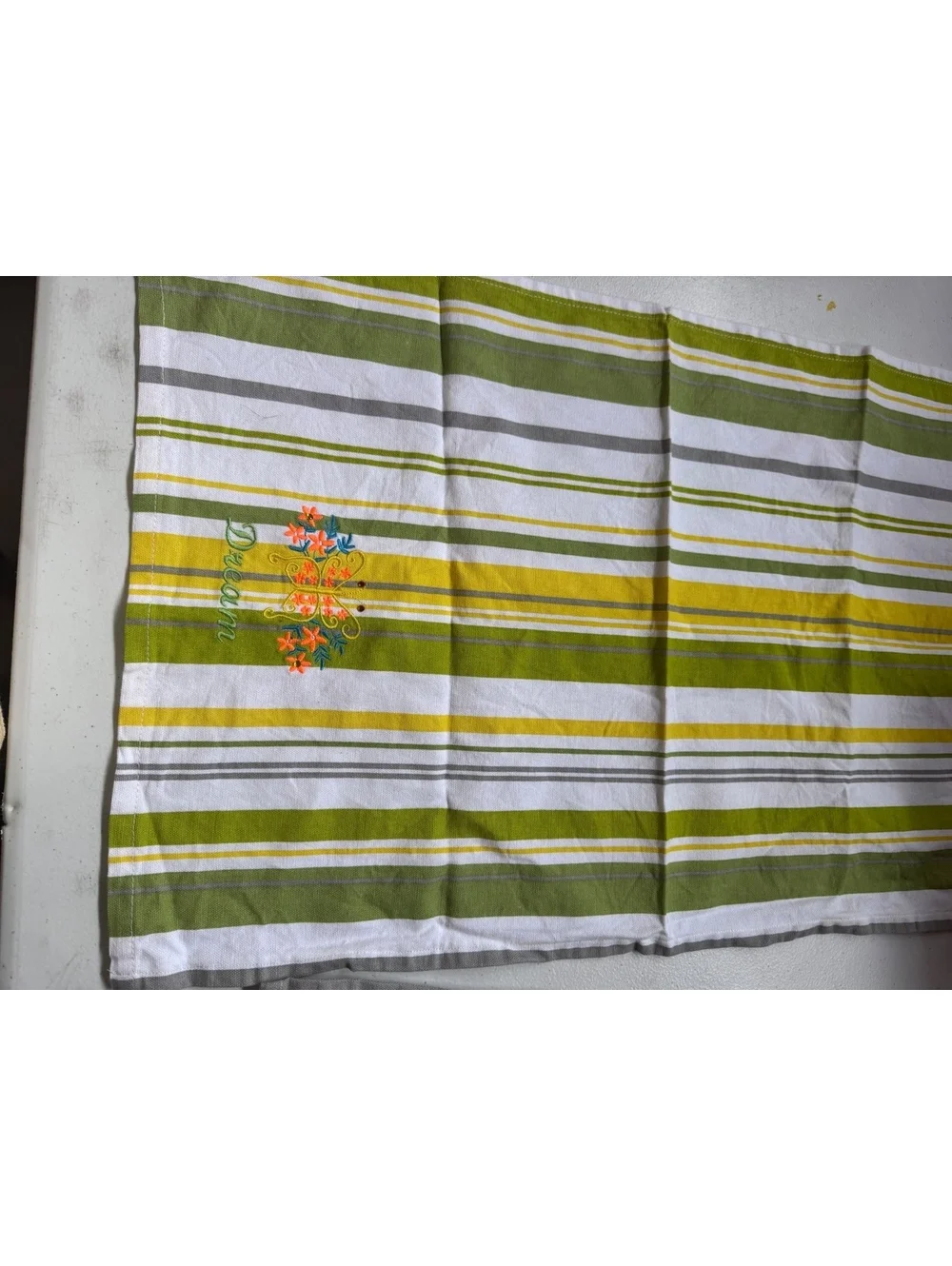 Set of 2 Embroidered Dream Kitchen Towels Green Yellow Gray Striped Floral 17x25